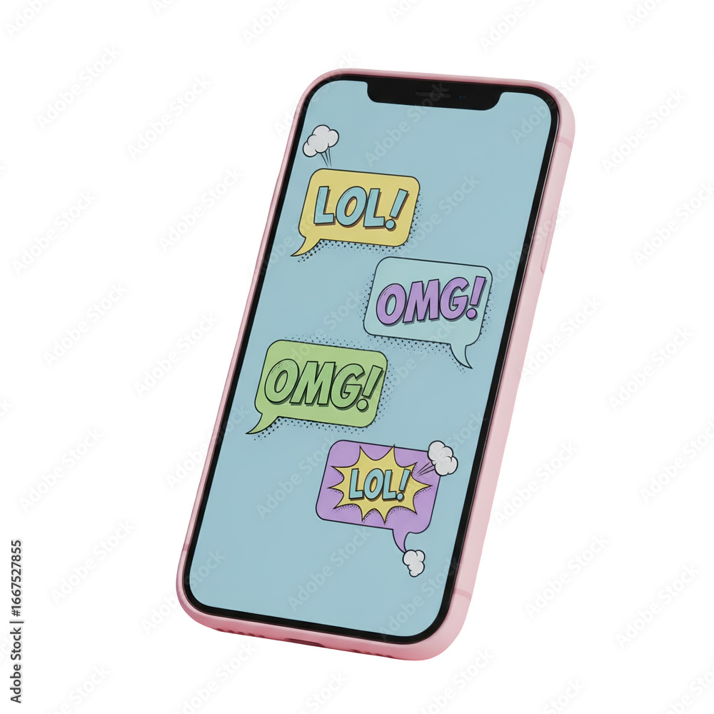 Poster pink smartphone displaying lol and omg text message speech bubbles on light blue screen isolated on 