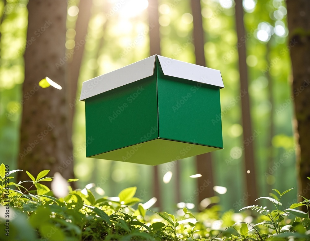 Poster a vibrant green box dangles from a sturdy branch, surrounded by lush green trees, creating a whimsic