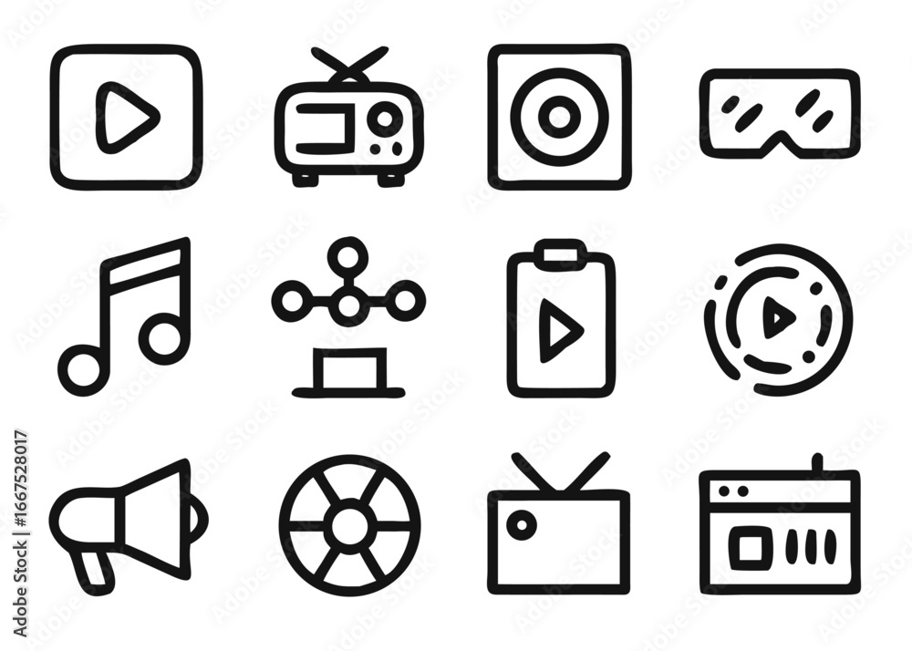 Poster comprehensive collection of entertainment and media related graphic elements for diverse digital and