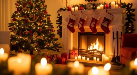 Christmas tree and fireplace in a cozy room with gift boxes and glowing candles for winter holiday celebration.