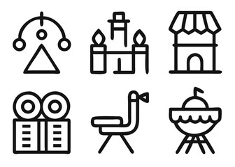 Comprehensive collection of entertainment themed graphic elements featuring adjustable line weight and multiple color options for diverse creative projects