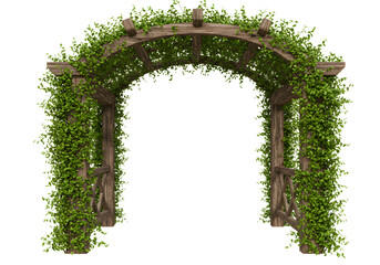 Charming wooden garden arbor covered in lush green vines, perfect for weddings or events
