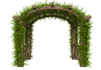 Charming wooden garden arbor covered in lush green vines, perfect for weddings or events