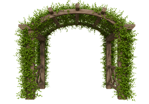 Charming wooden garden arbor covered in lush green vines, perfect for weddings or events