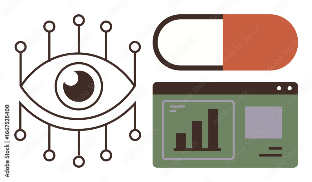 Poster eye linked to digital nodes, a capsule drug, and an analytics dashboard with graphs and charts. idea