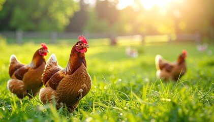 Fototapeta premium A lively group of chickens foraging in a sunlit backyard, showcasing various breeds with vibrant feathers, pecking at the ground and interacting playfully.
