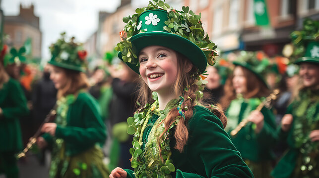 Lively St. Patrick&rsquo;s Day festival in Ireland with crowds in green costumes, leprechauns dancing along parade routes, Irish dancers performing traditional steps, musicians playing Celtic tunes.