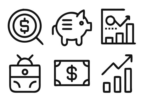Comprehensive financial investment conceptual icons for business growth and economic analysis with adaptable line art and a vibrant color palette