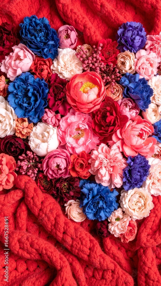 Poster a vibrant heart crafted from an array of colorful flowers rests elegantly atop a rich red blanket, c