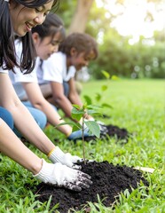 A diverse group of individuals, including children and adults, enthusiastically planting young trees in a lush green field under a clear blue sky.
