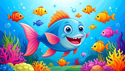 Obraz premium Animated underwater scene with colorful fish and coral reefs