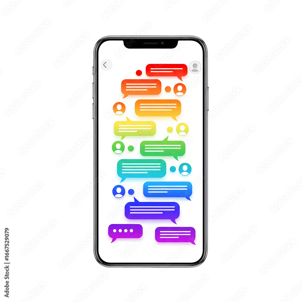 Poster modern smartphone displaying colorful chat bubbles and user icons on white isolated background