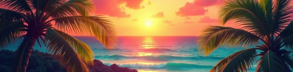 Obraz premium Exploding hues, stylized palm fronds, sunburst effect, energy, explosion