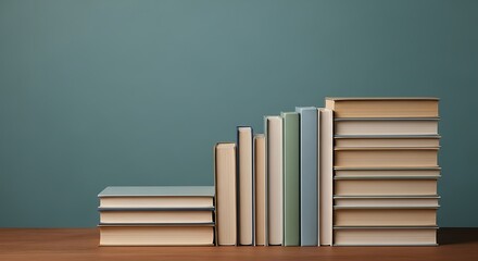 Stacked Books in Various Colors Against a Teal Background