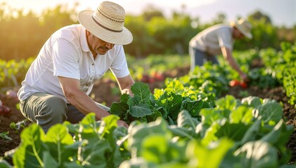 A man stands in a lush green field, wearing a straw hat and casual clothes, gazing thoughtfully at the horizon under a bright blue sky.