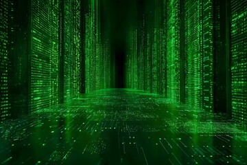 Green data streams, dark background, matrix-style,