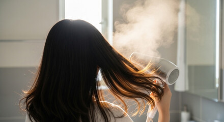 ヘアケアとビューティ - ドライヤーで髪を乾かす女性のライフスタイル