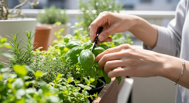 ホームガーデニング - ハーブを収穫する女性のサステナブルライフスタイル