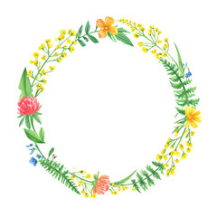 Circular floral wreath composed of yellow, orange, pink, and blue flowers with green leaves arranged in a balanced, delicate, and artistic watercolor style