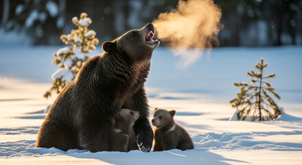 森のクマ家族 - 野生動物の平和な家族生活