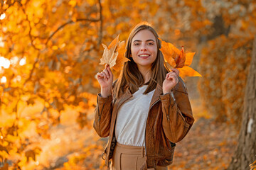 Autumn girl in good mood posing outdoor. Dreamy girl in fall. Beauty model, young beautiful woman hold autumn leaves. Romantic woman in autumn park. Autumn fall concept.