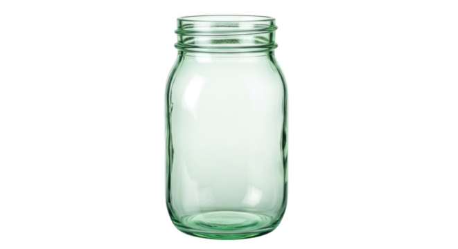 A clear glass jar with a wide mouth and threaded neck stands against a black background isolated for use in product photography and design projects