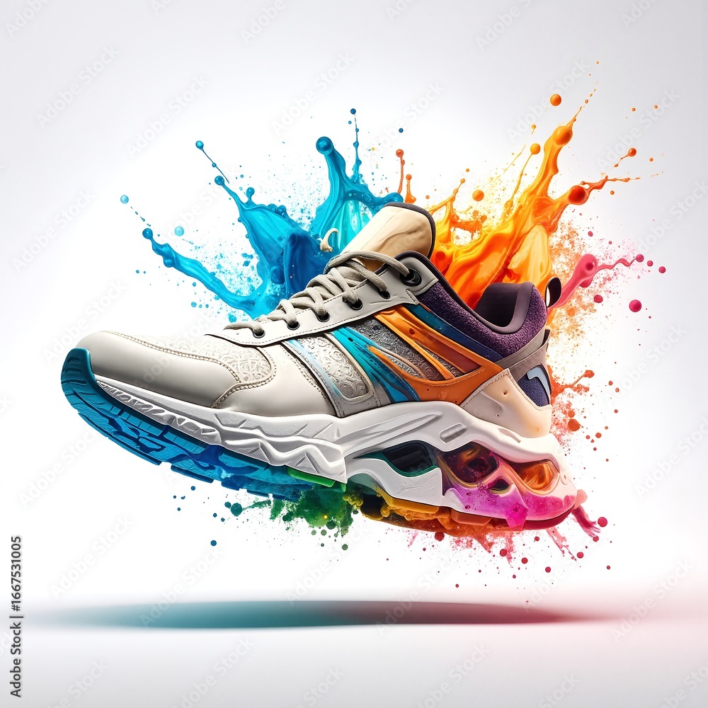 Poster a vibrant pair of sneakers adorned with an array of colorful paint splashes, showcasing a playful an