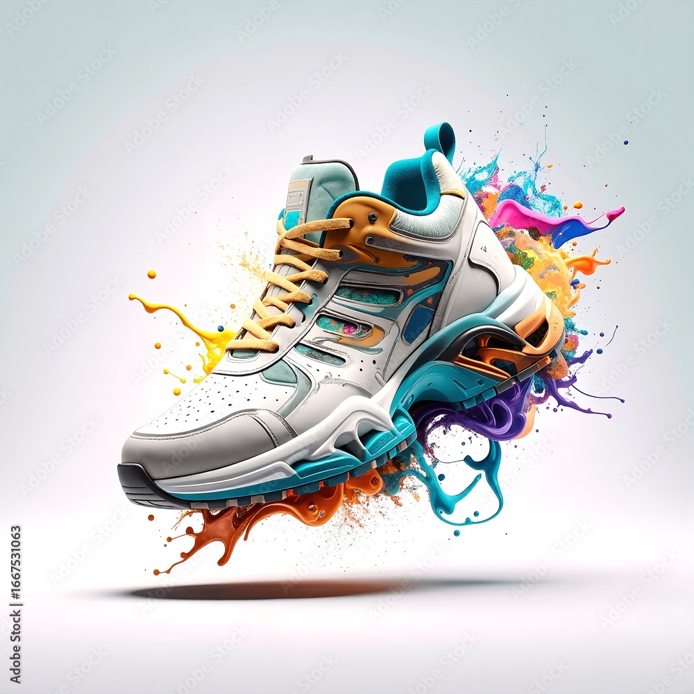 Poster a vibrant pair of sneakers adorned with an artistic array of colorful paint splashes, showcasing a p