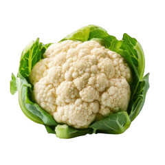 Cauliflower head with leaves, isolated on white and transparent background.