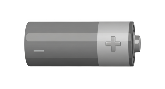 A simple gray battery with plus and minus symbols is shown against a black background