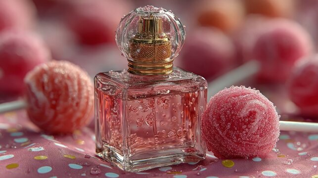 Pink candy lollipop perfume in clear bottle on dotted background