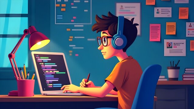 Man Programmer Studying Technology &ndash; JavaScript Program and Software Development Study