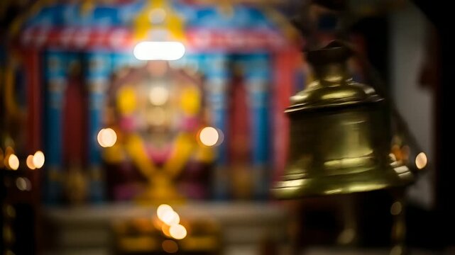 Temple bell ringing, blurred shrine backdrop with candles. Prayer, Hindu tradition, spirituality, faith, religion ceremony, Diwali celebration, cultural rituals, spiritual practice.