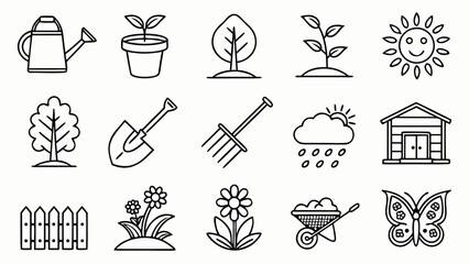 Gardening icons set featuring shovel, rake, watering can, wheelbarrow, plant pot, seeds, gloves, hose, pruning shears, lawn mower, fence, flower, tree, leaf, and garden tools in modern vector style.