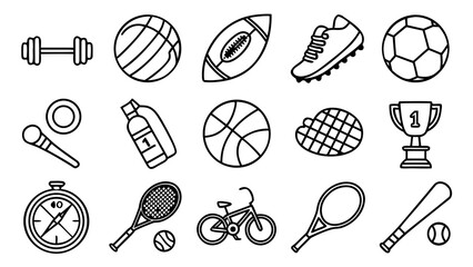 Sports icon set featuring football, basketball, baseball, tennis, cricket, golf, volleyball, rugby, hockey, table tennis, badminton, cycling, boxing, swimming, and athletics in modern vector style.
