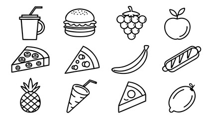 Food and drink icons set featuring fork, spoon, knife, burger, pizza, coffee, tea, soda, wine, beer, ice cream, fruits, vegetables, fast food, desserts, and beverages in modern vector style.