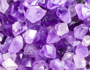 A vibrant pile of shimmering purple crystals, reflecting light in various shades, showcasing intricate facets and a natural, rugged texture.