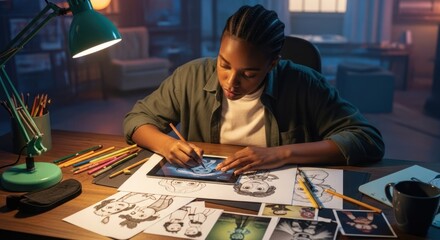 Fototapeta premium A young woman with braided hair sits at a desk, working on a digital tablet with a stylus, surrounded by various art supplies and a cozy