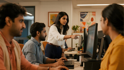 Diverse office colleagues collaborating on a project at computers in a modern workspace