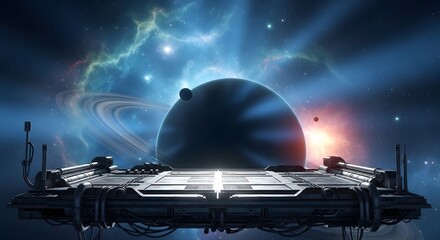 A Stunning Celestial View with a Space Platform Overlooking a Distant Planet and Its Rings