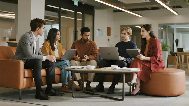 Diverse group of colleagues collaborate on laptops in modern office setting