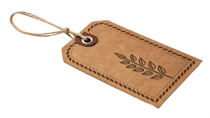 A rustic cardboard tag with a stitched border and a delicate leaf design, suspended by a natural string, isolated on transparent background