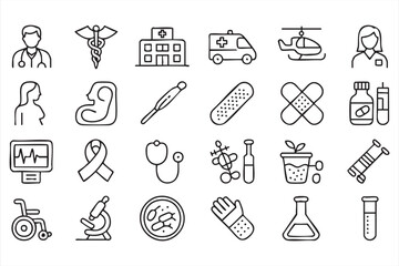 Doctor, hospital, and medical treatment icons for healthcare, wellness, and medical service designs
