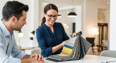A woman and a man discussing fabric samples in an office setting.