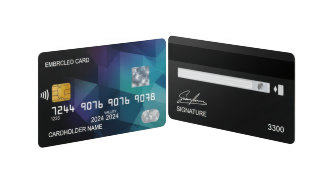 Modern Payment Card Design with Geometric Abstract Pattern and Signature Line on Black Background