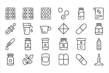 Medicine bottles, pills, and healthcare icons for pharmacy, wellness, and medical branding