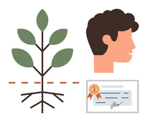 Tree with roots and leaves, human profile, certificate with ribbon. Ideal for education, sustainability, development, achievement, environmental growth personal success teamwork. Simple flat