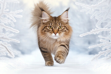 A stunning Maine Coon cat walks confidently in the winter snow, captivating viewers with its beauty.