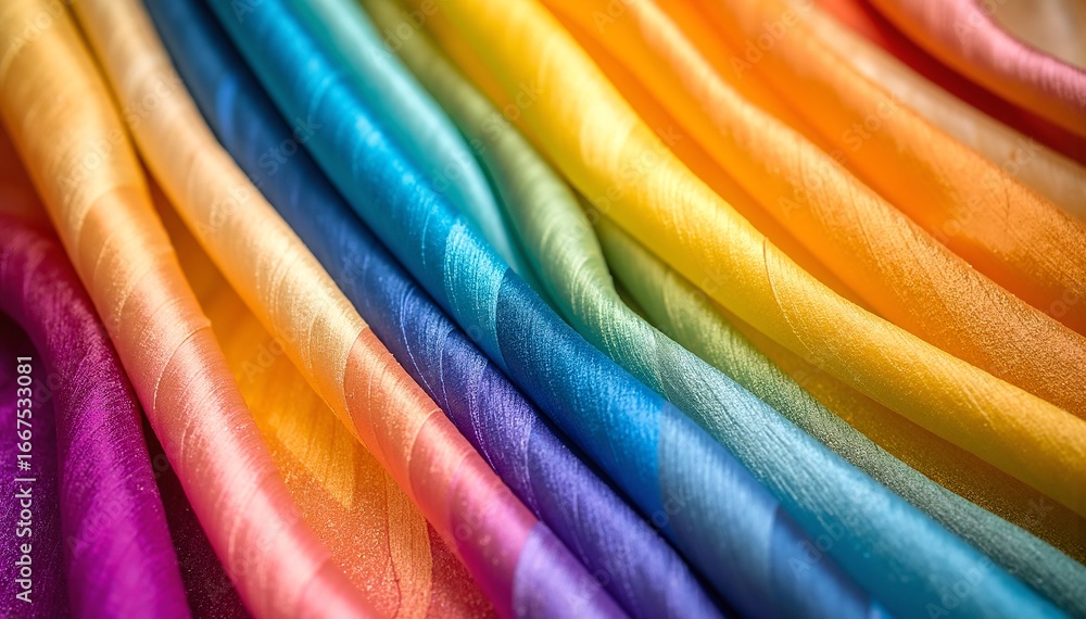 Poster a vibrant array of silk fabrics in a spectrum of colors, showcasing rich textures and shimmering sur