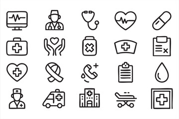 Set of healthcare symbols, featuring stethoscope, ambulance, and health service icons